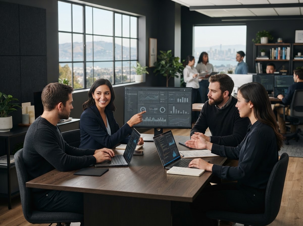 Northvale AI analysts reviewing data models on a workstation